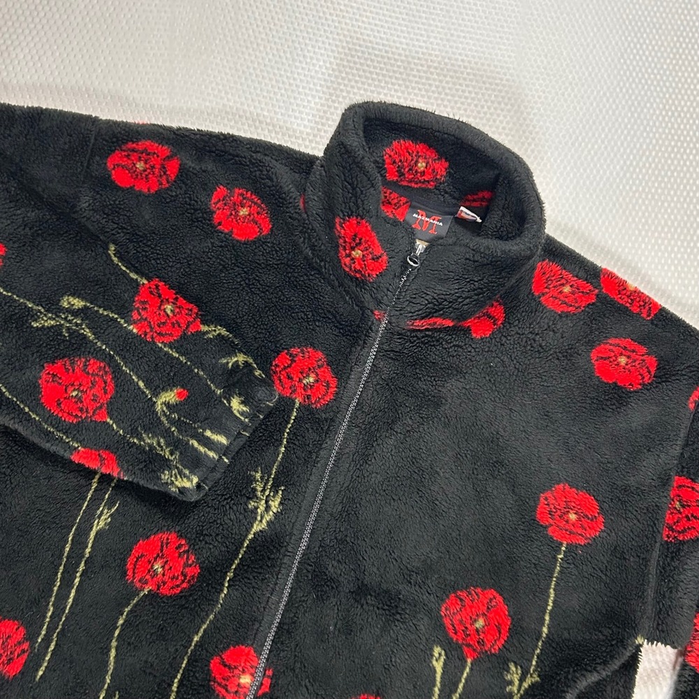 Vintage Mazmania Red Poppy Floral Fleece Jacket Black Full Zip Mock Neck Medium